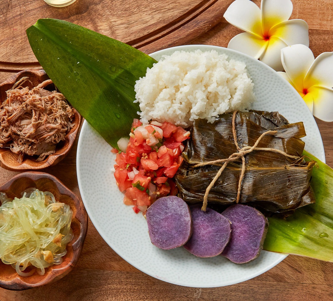 Lau lau plate with plumeria